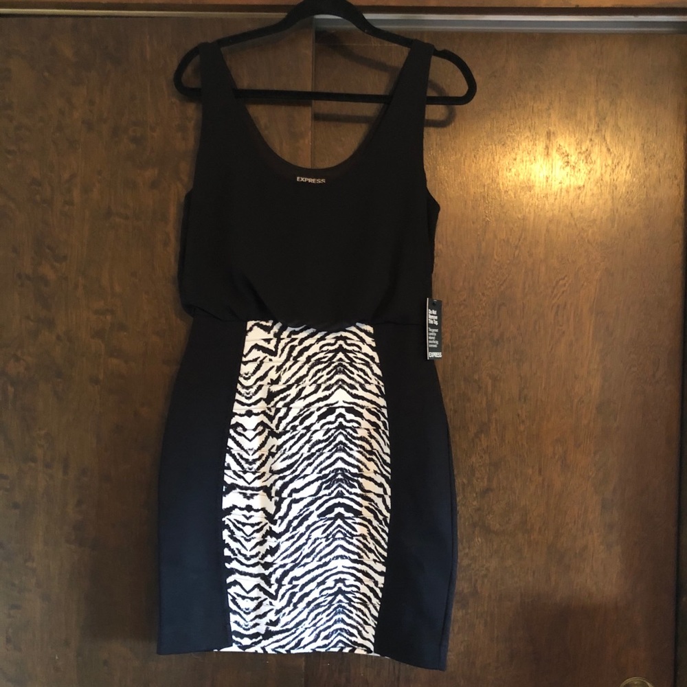EXPRESS Black and White Cocktail Dress with Zebra Animal Print - M